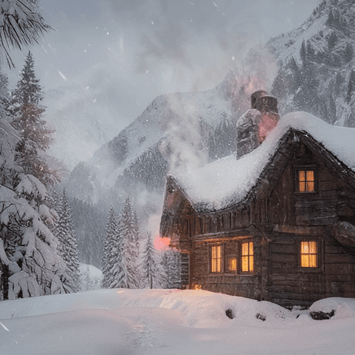 A cozy mountain cabin in a winter storm with warm windows, generated on a Galaxy S25+ Hexagon NPU