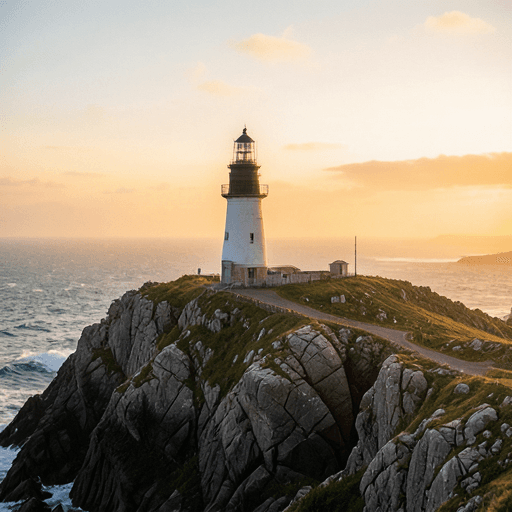 A lone lighthouse on a rocky cliff at golden hour, generated on an iPhone 12 Pro